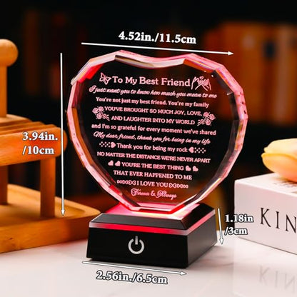 Arikyrist Best Friend Birthday Gifts with LED Base Crystal Heart Friendship BFF Gifts for Women Best Friend Bestie Gift Ideas for Women Gift for Female Friends on Christmas Wedding Valentine's Day - style: Best Friend Gifts + Light Base