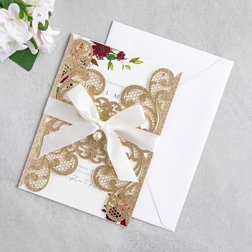 20Pcs Gold Glitter Laser Cut Wedding Invitation Cards With Envelopes - color: Gold Glitter