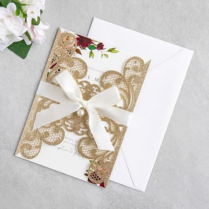 20Pcs Gold Glitter Laser Cut Wedding Invitation Cards With Envelopes - color: Gold Glitter