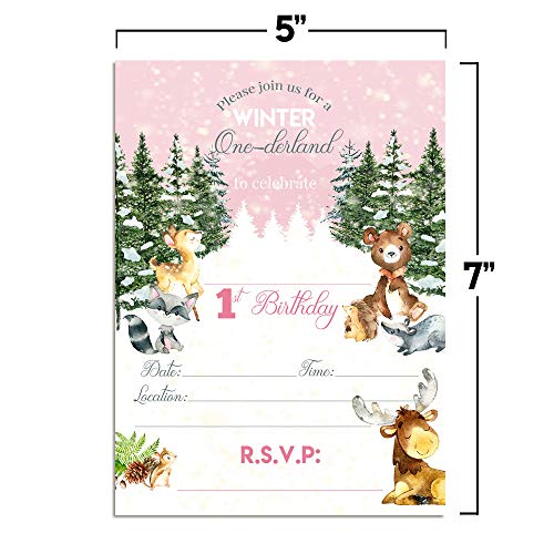 Amanda Creation Winter Onederland Invitation, 20 Pack 5x7 Winter Onederland 1st Birthday Girl Invitation Cards with White Envelopes - style: One-derland First Birthday Girls
