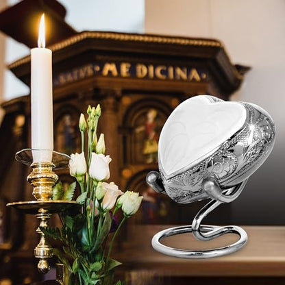 White Heart Keepsake Urn for Human Ashes – Handcrafted Brass Mini Urn with Stand, Velvet Bag & Gift Box – Enamel-Coated Small Memorial Urn for Baby, Pet or Loved One – Decorative Funeral Keepsake