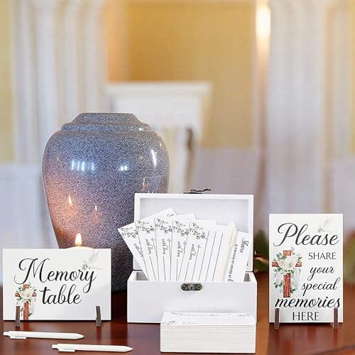 Gilprop 112 Pcs Celebration of Life Memory Cards Set Share a Memory Cards with Box 2 Wood Sign with 4 Hold and 5 Pens, Sympathy Memorial Gifts Funeral Keepsake Decorations(Cross) - style: Cross