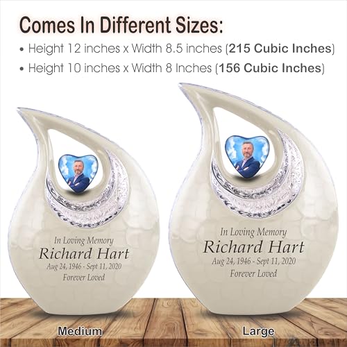 Personalized Photo & Text White Teardrop Cremation Urns for Adult Ashes Male Female - 220 Lbs Burial Urns for Human Ashes - Handcrafted Funeral Decorative Urn for Adult with Velvet Bag - size: 220 Lbs Adult Urn