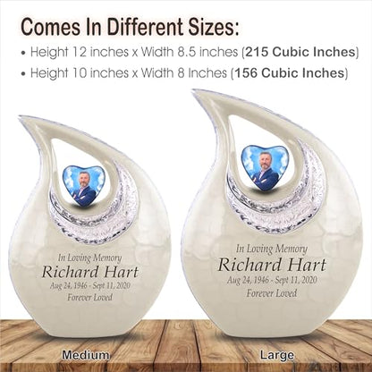 Personalized Photo & Text White Teardrop Cremation Urns for Adult Ashes Male Female - 156 Lbs Burial Urns for Human Ashes - Handcrafted Funeral Decorative Urn for Adult with Velvet Bag - size: 156 Lbs Adult Urn