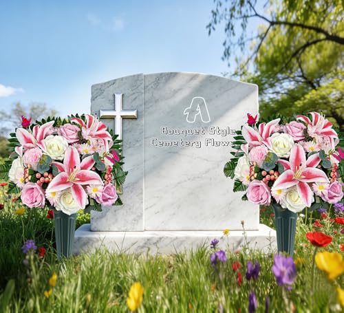 Artificial Cemetery Flowers,Memorial Flowers,Beautiful Arrangements for Headstones,Silk Lily Rose Berries Daisy