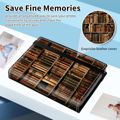 Photo Album 4x6 120 Pockets Photos with Elastic Band, PU Leather Photo Books Small Mini Capacity Picture Album for Family Wedding Travel Anniversary Baby Vacation Pictures, Library Bookshelf - color: Library Bookshelf