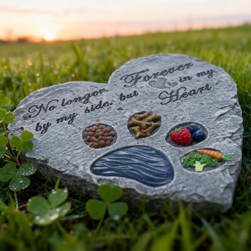 Heart Shaped Dog Memorial Garden Stone with Paw Print & Treats & Food - Sympathy Gift for Loss of Pet Outdoor Grave Marker Remembrance Dog Passing Away