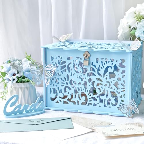 OurWarm Blue Wedding Card Box for Party, PVC Gift Card Box for Wedding Decorations with Lock, Envelope Money Wedding Card Boxes for Reception Anniversary Graduation Bridal Shower Birthday Decor - color: Blue
