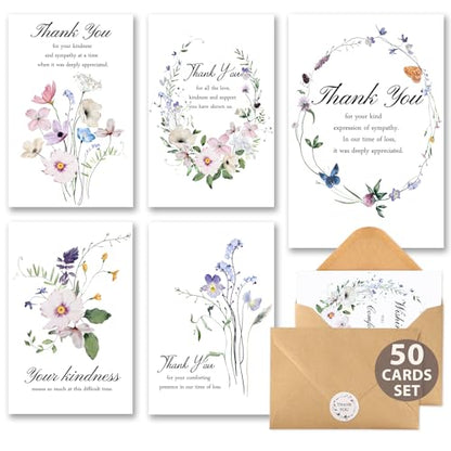 C2U Funeral Thank You Cards with Envelopes(50 Pack 4"x6"),Stickers & Message Inside - Wildflower Bereavement Sympathy Thank You Cards for Funeral Family Friends Loved Ones - color: 50 Bouquet Flower Cards