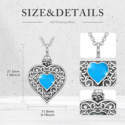 Rose & Daisy Urn Necklace - Sterling Silver Cremation Keepsake Memorial Jewelry - style: Heart Urn Necklace-Turquoise