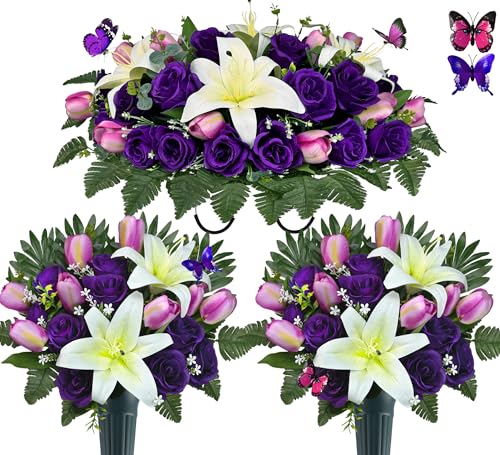 Cemetery Flowers with Vases for Grave Decor, Silk Lily Rose Tulip Headstone Flower,Headstone Flower Saddle - Purple/White, Lovely Butterflies Included