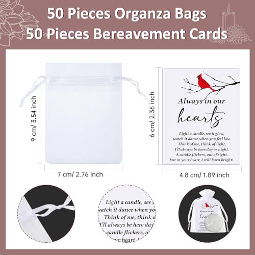 Coume 50 Set Funeral Party Favors Memorial White Candles Unscented Funeral Gifts Tealight Candles with Condolence Bereavement Cards, Organza Bags for Guest Celebration of Life Decorations (Cardinal) - style: Cardinal