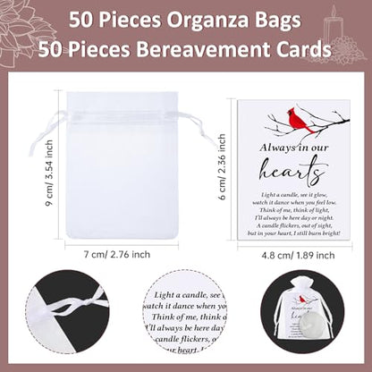 Coume 50 Set Funeral Party Favors Memorial White Candles Unscented Funeral Gifts Tealight Candles with Condolence Bereavement Cards, Organza Bags for Guest Celebration of Life Decorations (Cardinal) - style: Cardinal