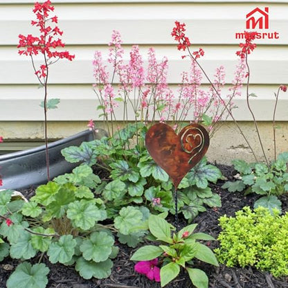 Marsrut Heart Garden Stake, Metal Garden Rusted Heart Pillar, Heart-Shaped Inserted Love Stakes for Use in ihe Plant Yard Garden, Made of Metal, 14Ga Thickness, Ony Heart, No Post Included