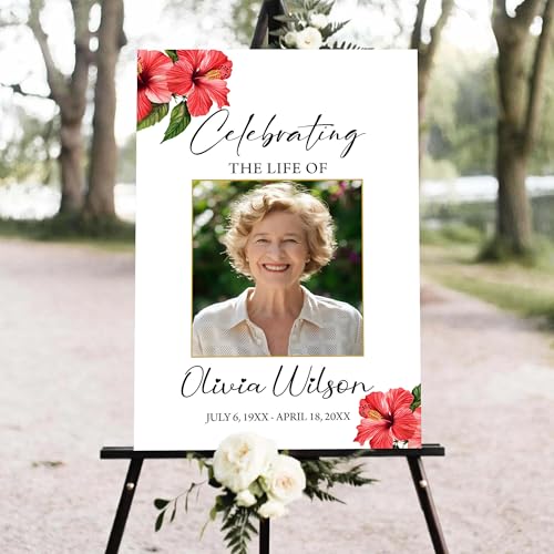 Personalized Elegant Celebration Of Life Welcome Sign, Memorial Picture Board, Celebration Of Life Decoration Yard Sign, Celebration Of Life Photo Displays, Custom Memorial Signs, Red Hibiscus #7 - color: Version7