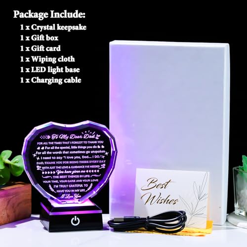 YWHL Gifts for Dad from Daughter Son with Colorful Light Base Birthday Gifts for Dad Crystal Heart Keepsake Thank You Gift Idea To My Father Present on Fathers Day Christmas Thanksgiving - color: Dad Gifts