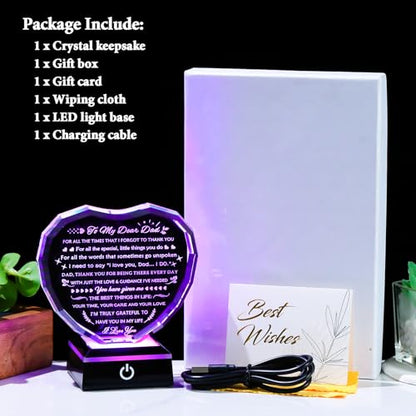 YWHL Gifts for Dad from Daughter Son with Colorful Light Base Birthday Gifts for Dad Crystal Heart Keepsake Thank You Gift Idea To My Father Present on Fathers Day Christmas Thanksgiving - color: Dad Gifts