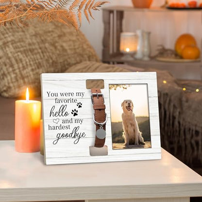 Pet Cat Dog Memorial Loss Gifts Picture Photo Frame with Collar Holder for 4x6 Photos, You Were My Favorite Hello and My Hardest Goodbye - color: white