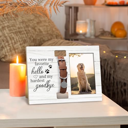 Pet Cat Dog Memorial Loss Gifts Picture Photo Frame with Collar Holder for 4x6 Photos, You Were My Favorite Hello and My Hardest Goodbye - color: white