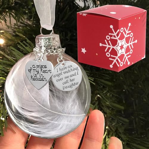 Clear Christmas Memorial Ornament Feather Ball, A Piece of My Heart is in Heaven Loss of Loved One Daugter Christmas Tree Hanging Sympathy Gift with Silk Ribbon & Red Gift Box - color: Daughter