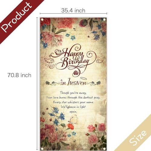 Happy Birthday in Heaven Door Banner, Funeral Memorial Flags, Happy Heaven Birthday Banner for Condolence Anniversary Memorial Decoration, 70.8 x 35.4 inch