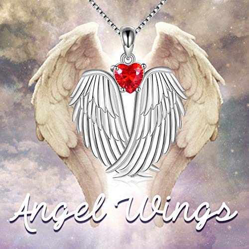 YFN Angel Wings Necklace 925 Sterling Silver Guardian Angel Wings Pendant Necklace Birthstone Necklace for Women Girls Christmas Jewelry Gifts - color: January-Red