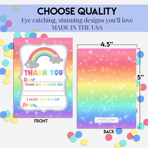 Rainbow Sparkle Thank You Notes for Kids, Ten 4" x 5.5" Fill In The Blank Cards with 10 White Envelopes by AmandaCreation - style: Rainbow Sparkle