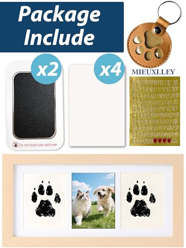 Inkless Paw Print Frame,Dog and Cat Paw Print Kit,No Mess Ink Pads for Pets,Wooden Pet Memorial Frame,Leather Pet Fur Keychain,DIY Ornament Pet Gifts (Natural Wood, M)