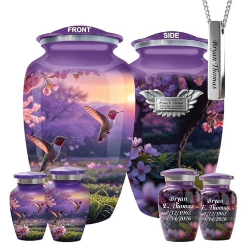 Set of 7 Sunset Hummingbird Custom Engraved Plaque Decorative Funeral Urns for Ashes Adult Male & Female Includes 1 Large Urn with 4 Small Keepsakes & 1 Silver NecklaceUrn - color: Sunset Hummingbird - Plaque