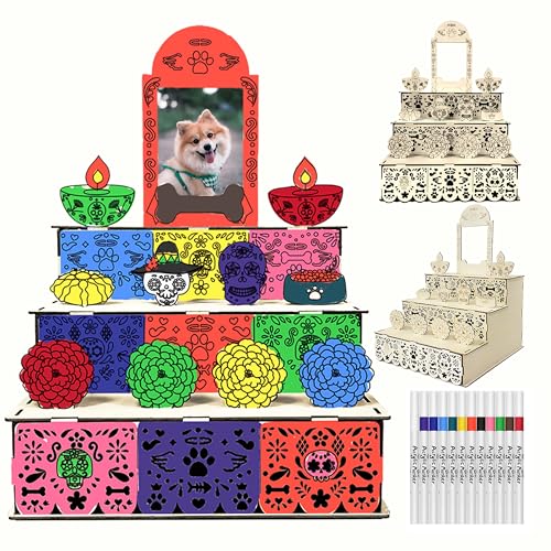 Cinrobiye Day of the Dead Ofrenda Altar Unfinished Dia De Los Muertos Pet Altar Photo Frame with Colored Pens Wooden Dia De Los Muertos Decorations for Dog & Cat Remembrance Memory Shadow Box Supplies