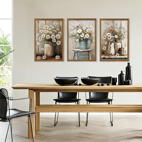 DUWQU Triptych Rustic Farmhouse Daisy Framed Canvas Wall Art 20x30 inch x3 - color: flower(Framed), size: 30"L x 20"W