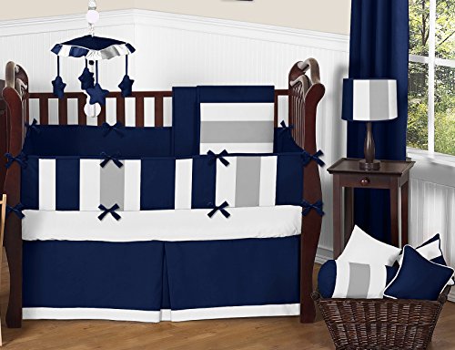 Navy Blue, Gray and White Fabric Memory/Memo Photo Bulletin Board for Stripe Collection - color: Blue and Grey Stripe