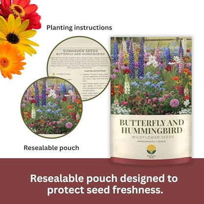 Butterfly and Hummingbird Wildflower Mix – 30,000+ Seeds – 1 oz Bulk Extra Large Resealable Packet – Non-GMO Open Pollinated Wildflower Seeds