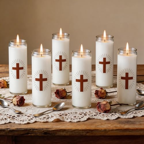 6 Pack White Prayer Candles, Devotional Prayer Candle in Glass Jars, Long‑Burning Smokeless Cross Catholic Candles for Church, Altar Vigil & Memorials - size: 6