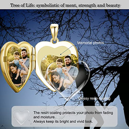 SOULMEET Personalized Tree of Life/Palm Tree Heart Locket Sterling Silver Necklace That Holds 1 or 2 Pictures Memorial Vintage Photo Locket Custom Any Photo Healing Gift - style: D2-Gold tree locket+photo