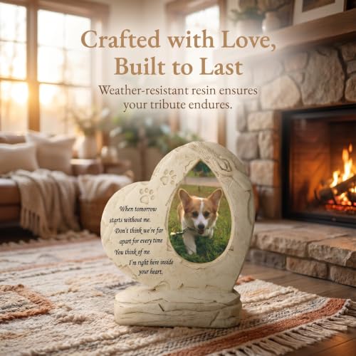 Pet Memorial Stone Headstone Grave Marker for Dog Loss Gift | Pet Dog Gravestone Tombstone, with Photo Frame, Outdoor or Indoor, Handmade of Resin, Heart Shape, Paw Prints Design