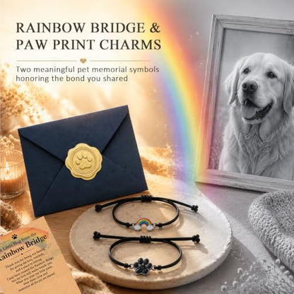 Pet Memorial Bracelet Set, Rainbow Bridge Pet Loss Sympathy Gift, Paw Print Bracelets, Dog Memorial Gifts for Loss of Dog or Cat, Keepsake for Pet Owners