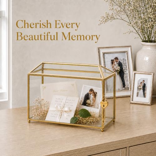 Glass Wedding Card Box with Slot and Lock, Gold Card Box 12.6" | Clear Brass Frame Card Box for Wedding Reception, Decorative Storage Box for Baby Shower, Birthday Party, Bridal Shower - size: 12.6" Gold without Arch