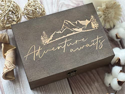 Adventure Awaits Dark Walnut Wooden Keepsake Box - 8.5x6x3in, Elegant Memory Box, Ideal Gift for Travelers and Couples, Spacious & Durable, Unique Christmas gift - color: Design 6
