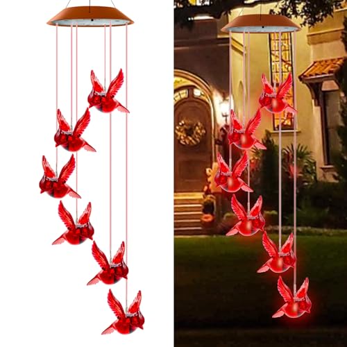 Cardinal Solar Wind Chimes for Outside, Cardinal Wind Chimes Gifts for Mom Grandma Women Wife Girls, IP65 Waterproof Hanging Memorial Red Bird LED Lights for Holiday Garden Yard Window Outdoor Decor - color: Cardinal