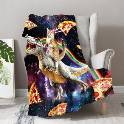 Aimego Funny Cat Blanket Gifts for Men Women Kids Cool Cat Riding Dinosaur on Fantasy Galaxy Cozy Travel Bed Couch Plush Boys Girls Birthday Christmas Lightweight Blanket 50"x60" - color: Funny Cat, size: 50"x60"