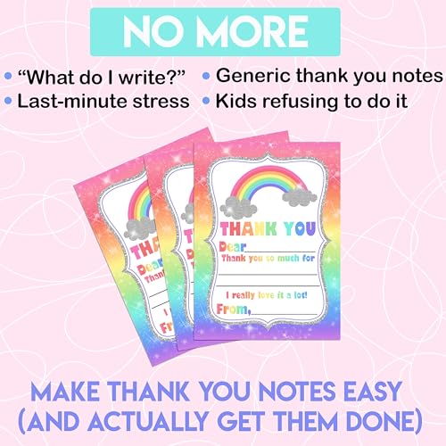 Rainbow Sparkle Thank You Notes for Kids, Ten 4" x 5.5" Fill In The Blank Cards with 10 White Envelopes by AmandaCreation - style: Rainbow Sparkle