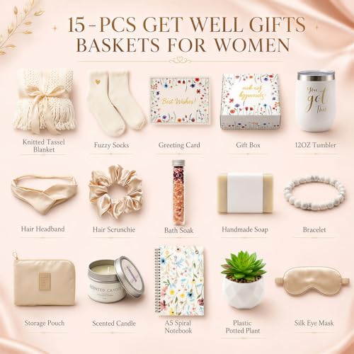 15 Pcs Get Well Soon Gifts Basket, Spa Set, Blanket, Socks, Self Care Package Sympathy Gifts for Women, Thinking of You Gift for Mom, Friends - color: Ivory White