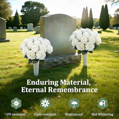 Lewondr Artificial Cemetery Flowers with Vase for Grave, White Rose, 2 Pack - color: White