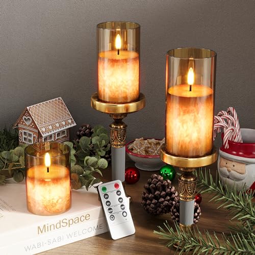 Battery Operated Flameless Candles with Remote & Timer, Gold Glass 3Pack - color: Gold