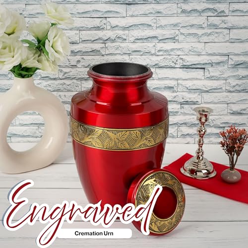 CLEENTABLE Metal Cremation Urn for Human Ashes, Red & Gold - color: Red Yellow, size: Hand-Etched Leaf - 7x11"