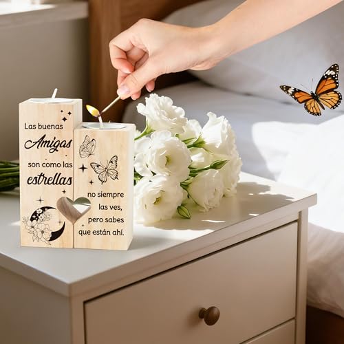 Zainpe Spanish Sister Best Friend Bestie Candle Holders Regalo para Amiga, Wooden Heart Double Sided Printing Candlestick Personalized Friendship Birthday for Mum Women Girl Soul - color: Sister & Butterfly