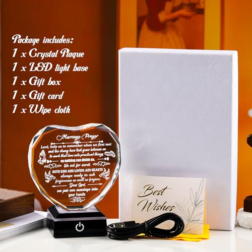 Arikyrist Wedding Gifts for Couples 2026 Glass Heart Plaque with Light Base | Inspiring Wedding Presents, for Newlyweds Friends, Anniversary Marriage Prayer Keepsake, for Bride Groom Wife Husband Parents - color: MARRIAGE PRAYER