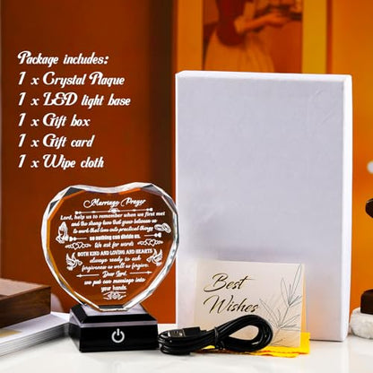 Arikyrist Wedding Gifts for Couples 2026 Glass Heart Plaque with Light Base | Inspiring Wedding Presents, for Newlyweds Friends, Anniversary Marriage Prayer Keepsake, for Bride Groom Wife Husband Parents - color: MARRIAGE PRAYER