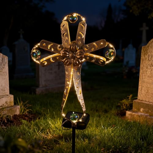 LEDs Solar Stake Lights for Garden Metal Warm White, Memorial Gift - Perfect as Remembrance & Sympathy Gifts (Angel-Bronze) (Cross) - style: Cross
